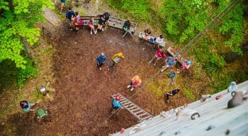 Aerial of the climbing tower with campers below