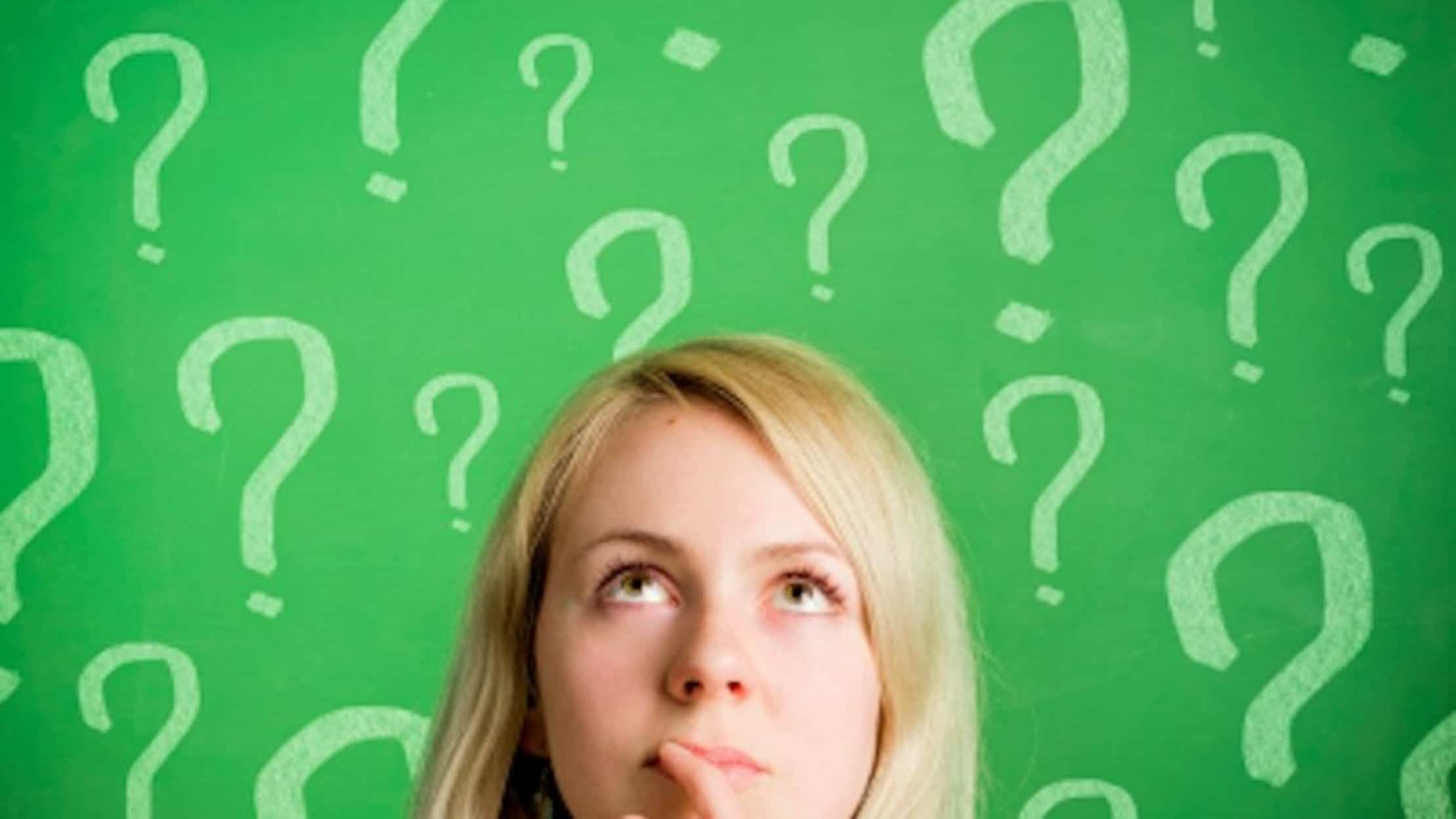 Mom's head on a green background with questions marks floating above