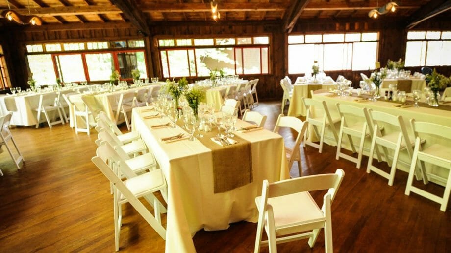 Dining hall decorated for a wedding